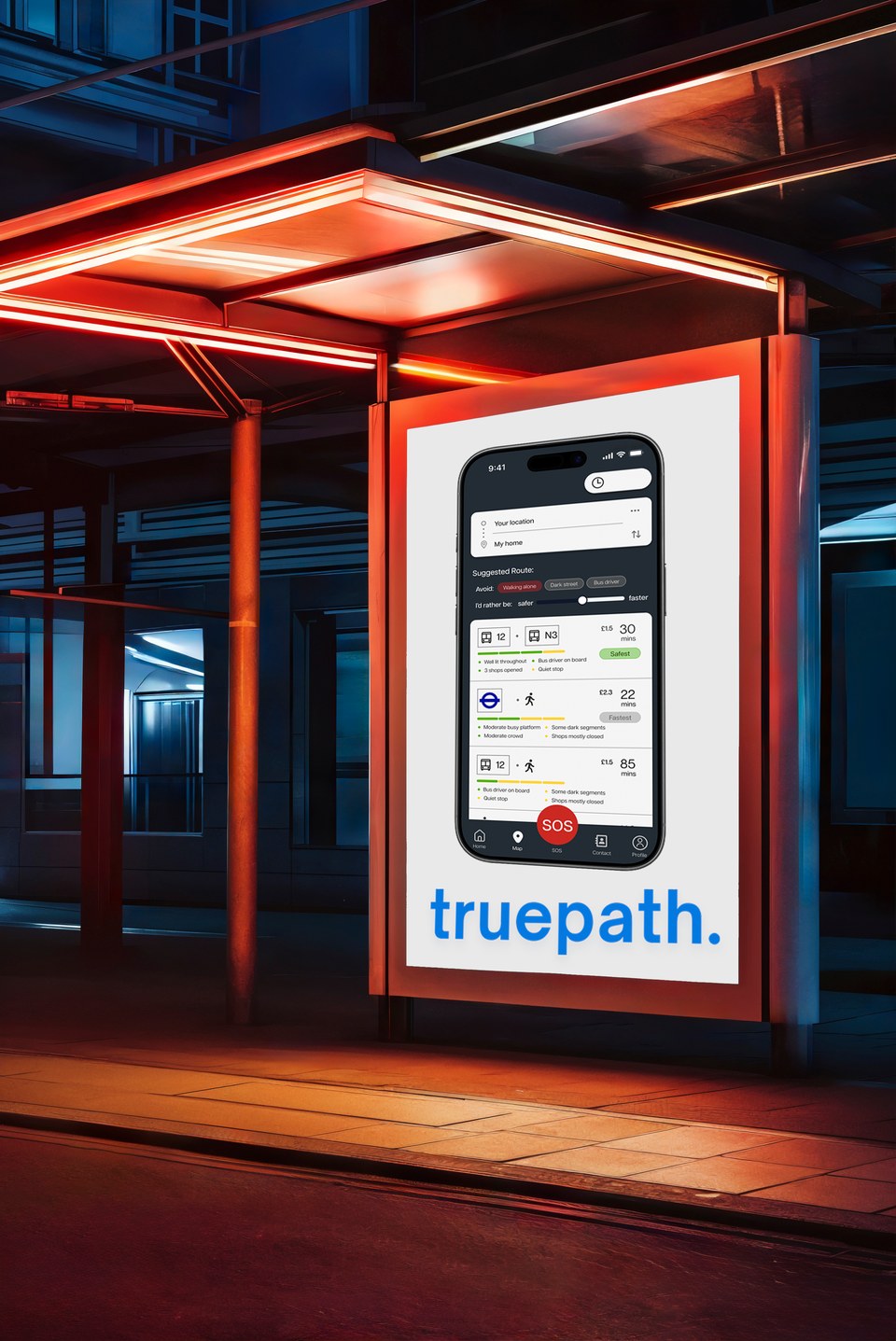 mockup of truepath app on the bus stop billboard